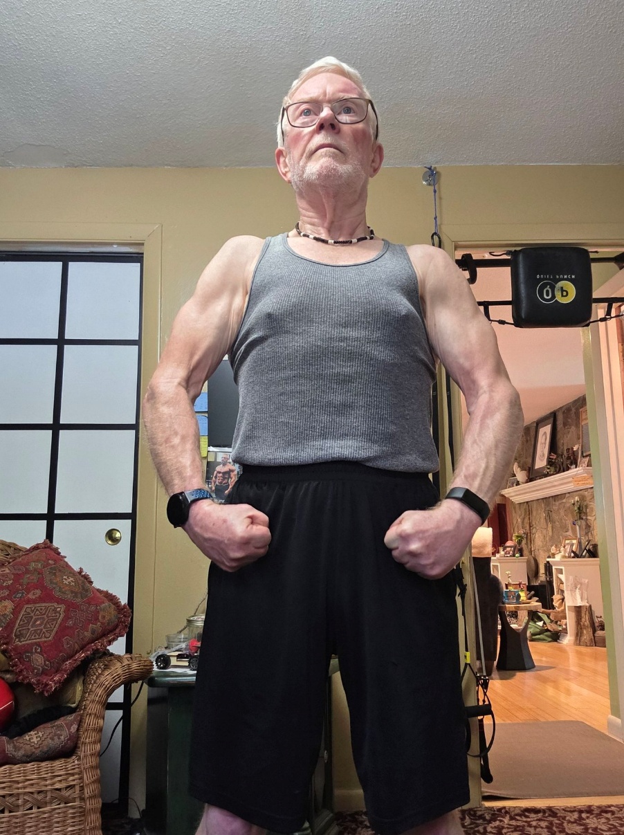 J.F. Kilty at sixty-five in his home gym